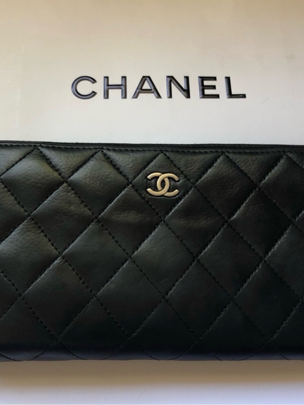 CHANEL Black Quilted Leather Wallet with Silver CC Logo